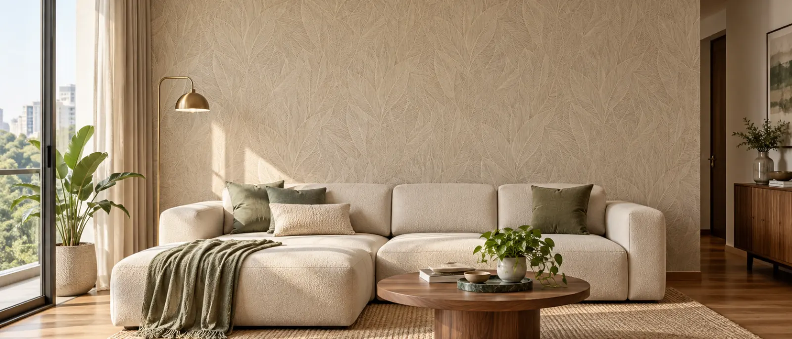 Living room with a neutral wallpaper feature wall