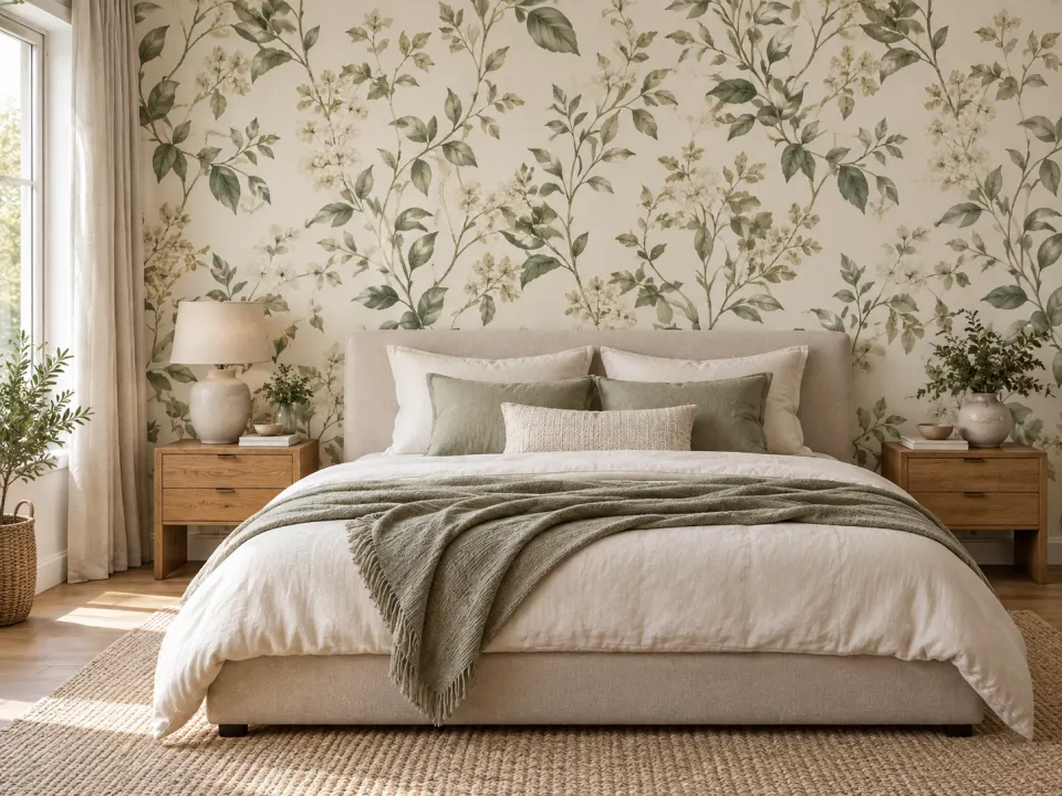 Botanical wallpaper with muted green leaves behind a bedroom bed