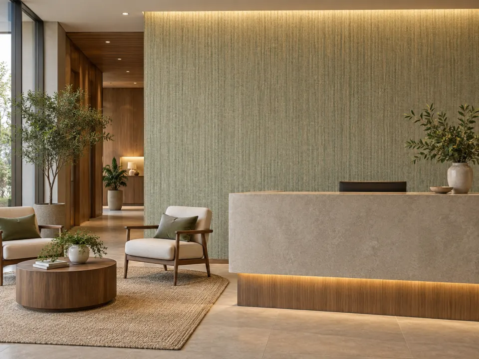 Subtle woven-look wallpaper in a commercial reception area