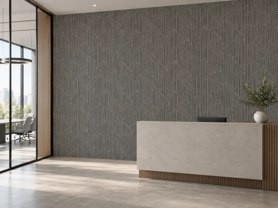 Geometric wallpaper behind a contemporary office reception desk