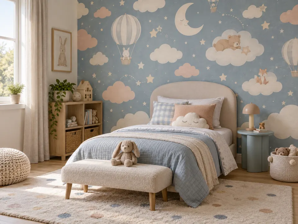 Soft cloud and star wallpaper in a child’s bedroom