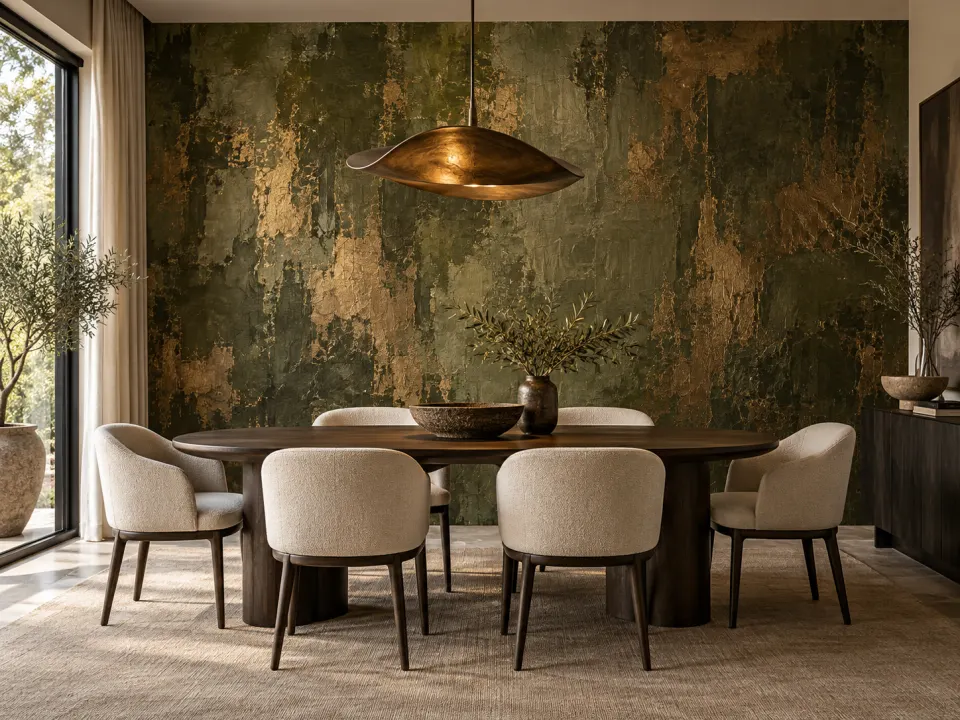 Deep olive and bronze statement wallpaper in a refined lounge interior