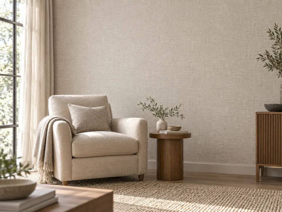 Neutral textured wallpaper on a living room feature wall beside a beige armchair
